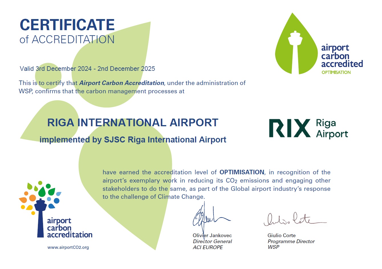 Airport Carbon Accreditation 3. līmeņa sertifikāts