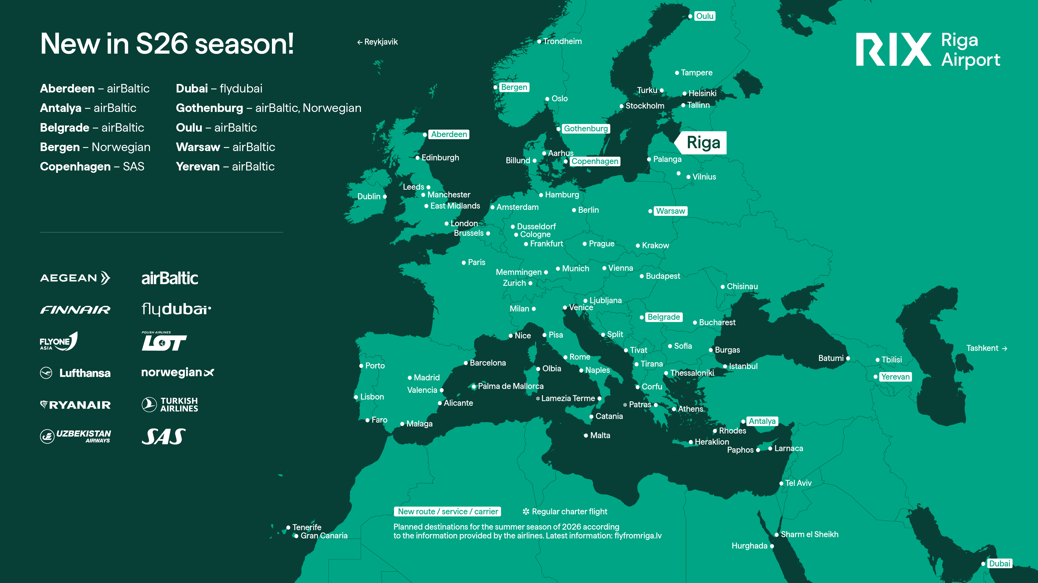 Green RIX destinations map and white airline logos