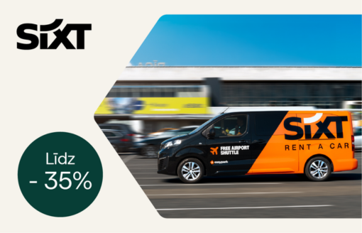 Auto ar SIXT logo un cenu zīmi ar atlaidi līdz -35%