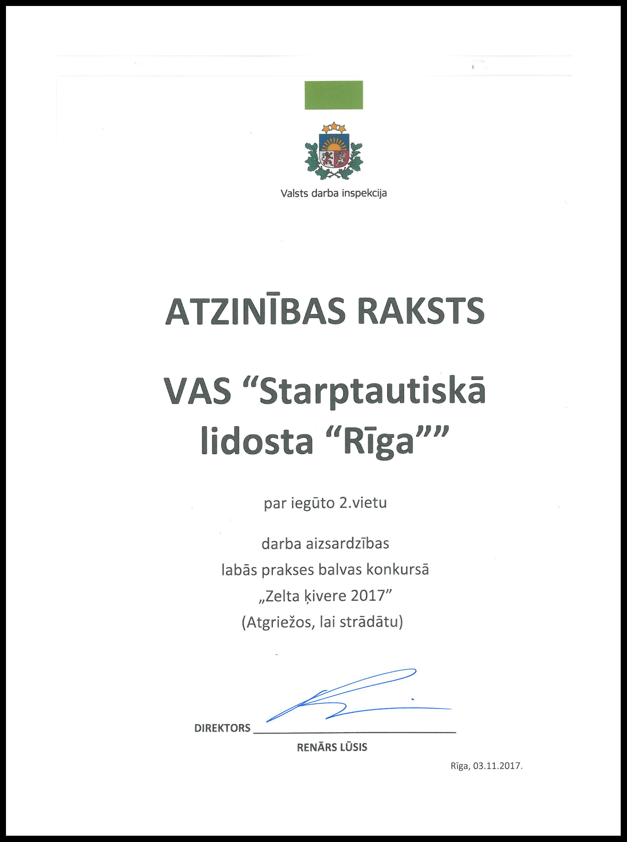 Diploms "Zelta ķivere 2017"